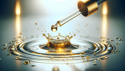 Cosmetic A dropper releasing golden droplets into a clear liquid pool, the splash creating ripples on the sur4