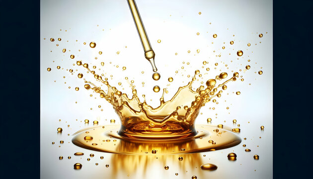 Cosmetic A dropper releasing golden liquid droplets that create a splash in a pool of the same liquid below T3