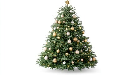 Fototapeta premium A lush green Christmas tree with a mix of golden and silver ornaments, set against a bright white background, offering ample space for creative designs.
