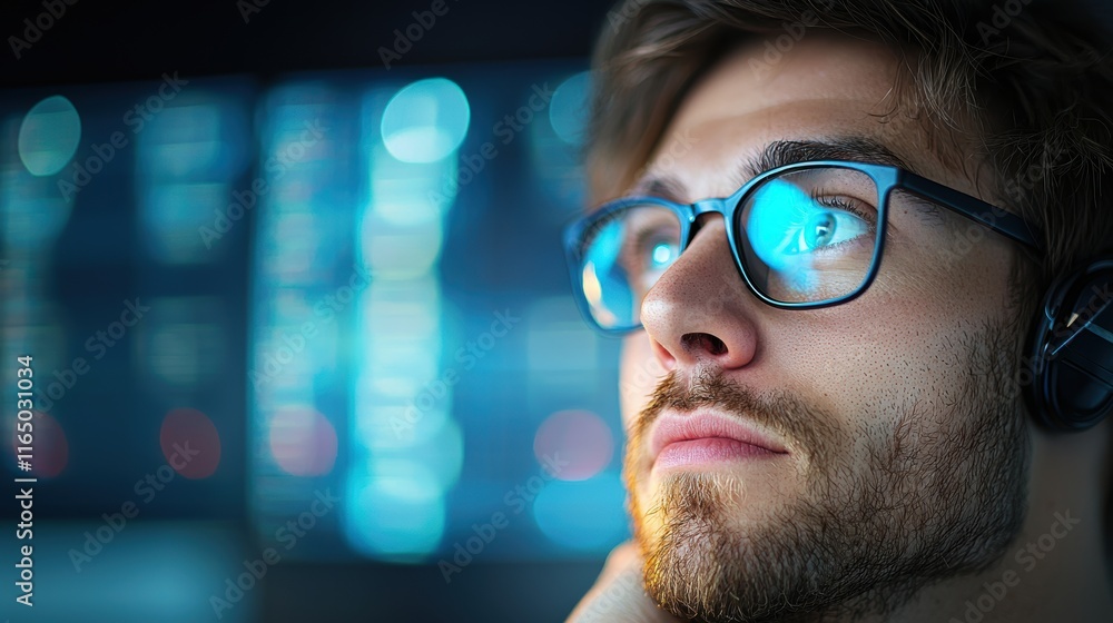 Poster a financial analyst, with multiple computer screens displaying market data, speaks on the phone with