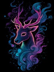 Neon deer head surrounded by cosmic smoke, vibrant purple, blue, and pink hues.