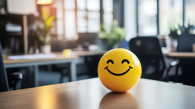 Bright Yellow Smiley Face Ball on Wooden Desk in Sunlit Modern Office Space - Positive Vibes and Happiness in Work Environment