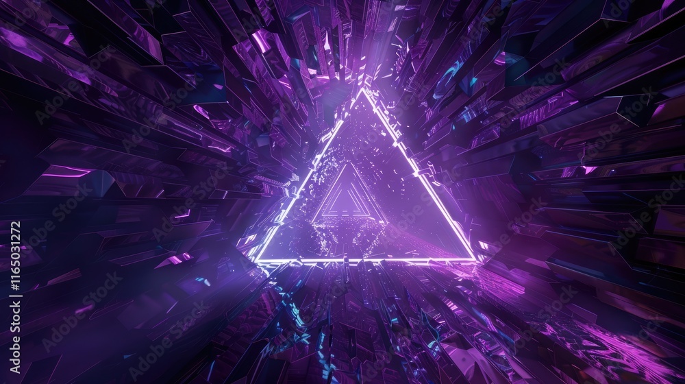 Poster a vibrant, abstract depiction of a triangular structure surrounded by crystalline elements.