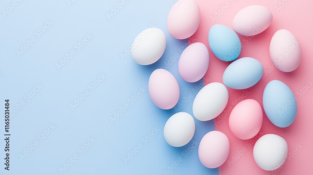 Poster a modern and minimalist easter setup featuring pastel eggs scattered on a smooth gradient surface wi