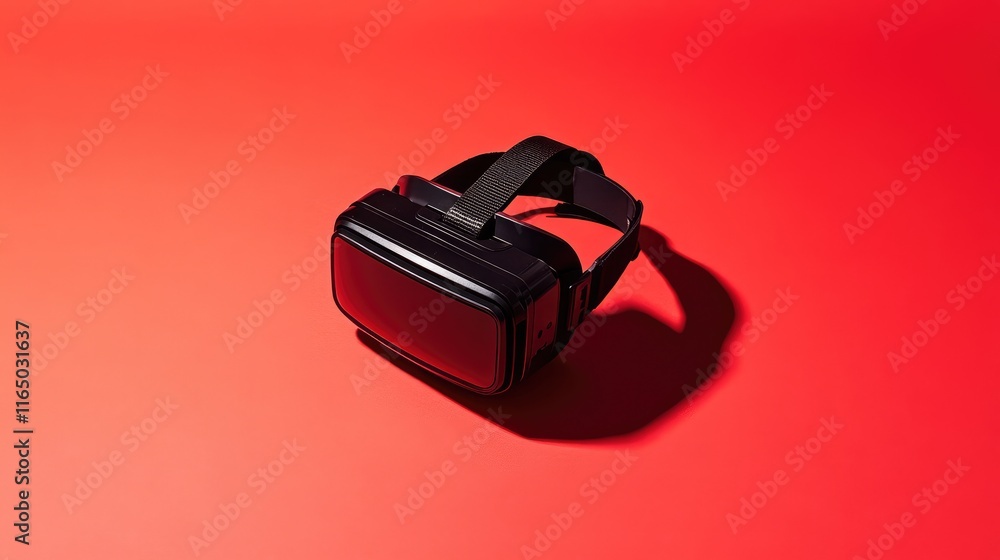 Poster A modern VR headset sitting on a vibrant red background, offering a bold and dynamic setting for tech-themed projects.