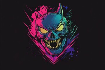 Neon demon skull illustration with vibrant colors and geometric design elements.