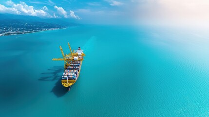 A shipyard with massive cranes lifting shipping containers, cargo ships docked at the piers, and a bustling atmosphere of global trade.