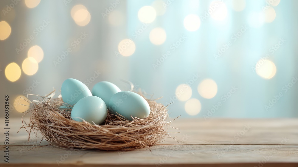 Aufkleber a nest of pastel-colored chocolate eggs on a wooden table with a soft blurred background, perfect fo