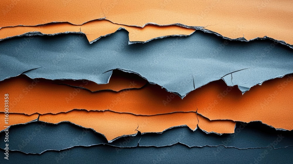 Poster Torn abstract background concept. Textured layers of torn paper in vibrant orange and blue colors create a striking visual.