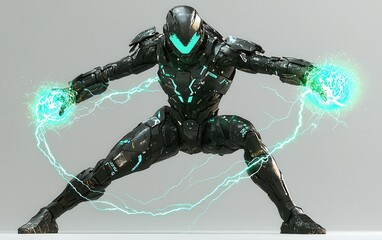 A futuristic cyborg warrior in a powerful black exoskeleton channels turquoise energy. Ideal for sci-fi games or film projects needing a formidable character.