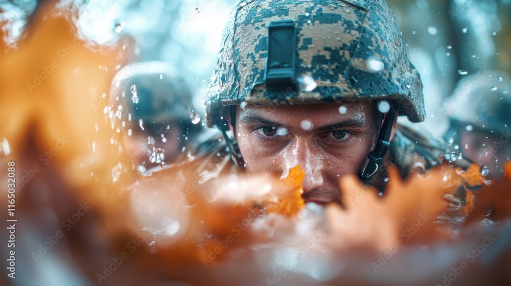 Poster a group of soldiers following their commander through a challenging obstacle course, demonstrating t