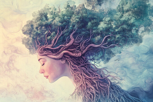 A symbolic illustration of a woman whose hair is entirely composed of ancient, lush trees with intertwining roots forming an intricate, natural crown.