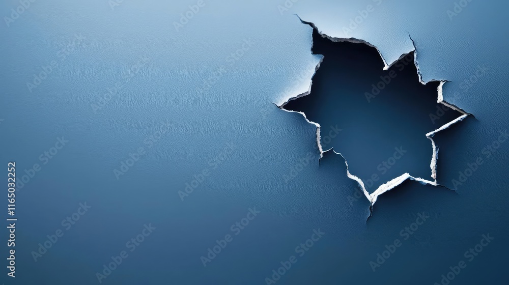 Poster torn abstract background concept. a close-up view of a torn hole in a blue wall, revealing a texture