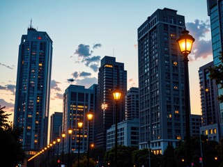 Naklejka premium Cityscape Twilight Modern Buildings Streetlights Urban Scene