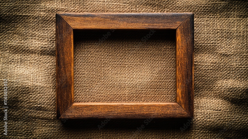 Poster a plain wooden frame on a textured burlap background, blending natural tones and textures with ample