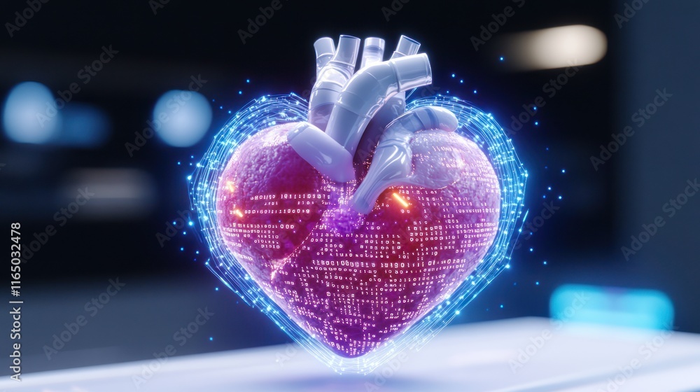 Poster digital heart model with glowing effects and data representation.