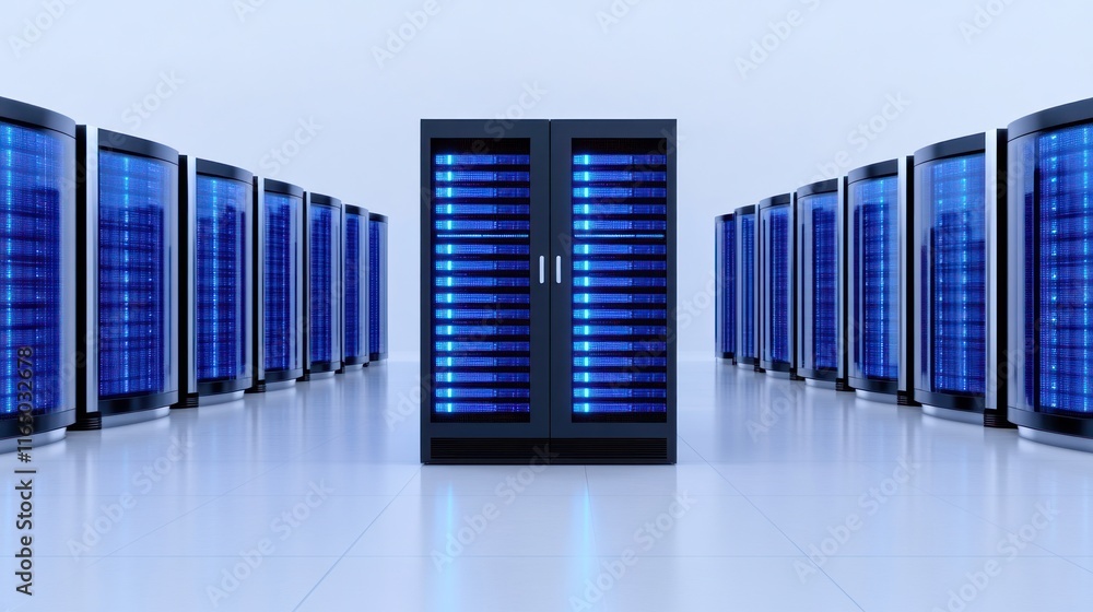 Poster data center with server racks illuminated by blue lights.
