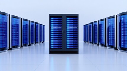 Obraz premium Data center with server racks illuminated by blue lights.
