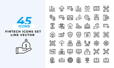  A set of line icons related to Fintech Icon Set. b2b, b2c, bank, bitcoin, blockchain, business, cash, coin, coins, and so on others.