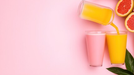 Two colorful drinks with fresh grapefruit on a pink background.