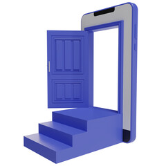 3d render of smartphone with open door and stairs.