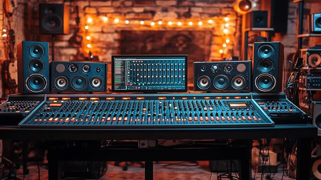 Pro Music Studio Setup with Mixing Console and Speakers