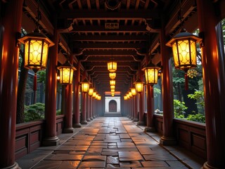 Fototapeta premium Serene Illuminated Pathway Asian Temple Architecture Lantern Lights Tranquil Garden