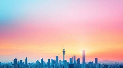 Fototapeta premium A sweeping panorama of a bustling metropolis at sunset, with iconic skyscrapers silhouetted against a vibrant orange and pink sky.