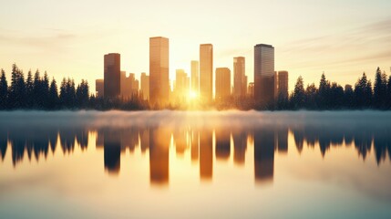 Fototapeta premium A serene cityscape bathed in the warm, golden light of sunrise, with the skyscrapers casting long shadows and a gentle mist rising from the river.