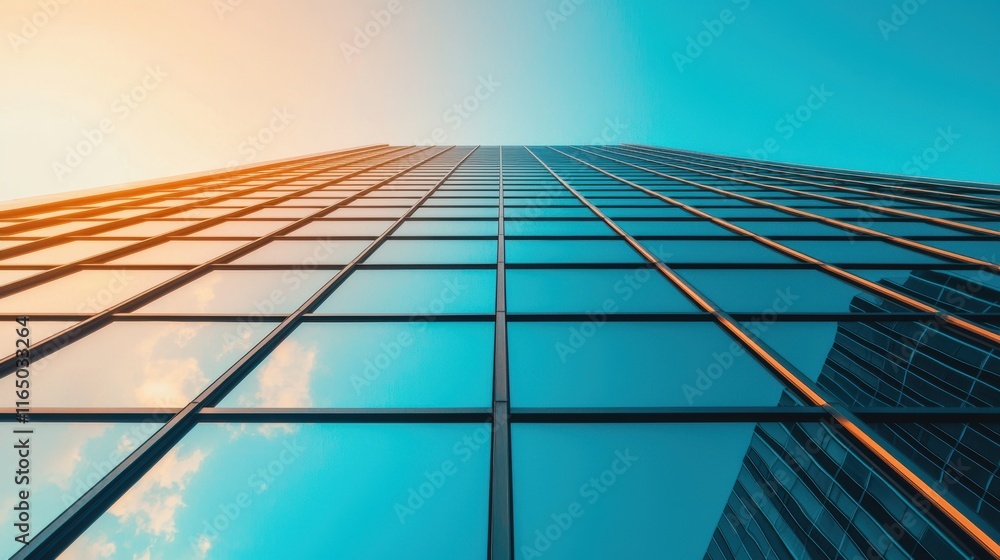 Aufkleber a close up shot of the reflective glass facade of a skyscraper, creating abstract patterns and refle