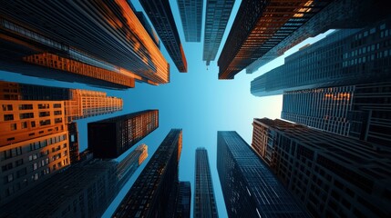 A captivating bird eye view of a city center, highlighting the density of skyscrapers, the flow of traffic, and the geometric patterns of the streets.