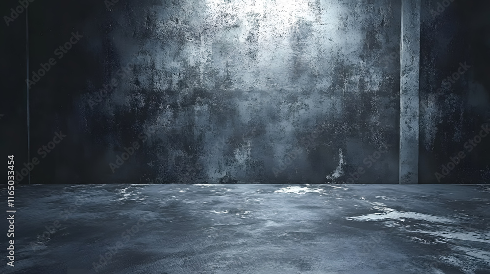 Poster an abstract image of a studio dark room with a textured concrete floor illuminated by light.