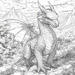Fototapeta premium A detailed line art illustration of a dragon overlooking a valley village with mountains in the background. Ideal for coloring books or fantasy-themed artwork.