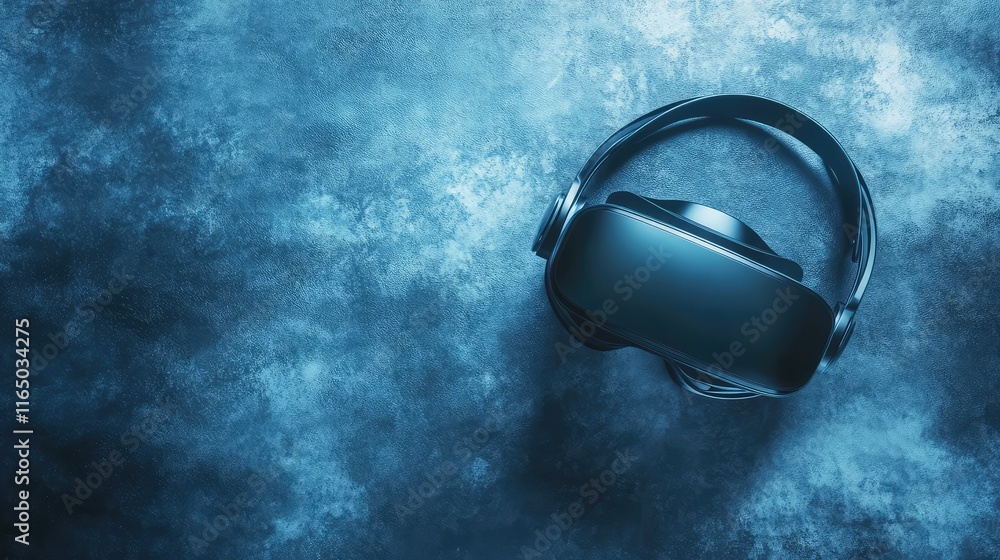 Poster a sleek vr headset lying flat on a metallic gray surface with subtle lighting and shadows. ideal for