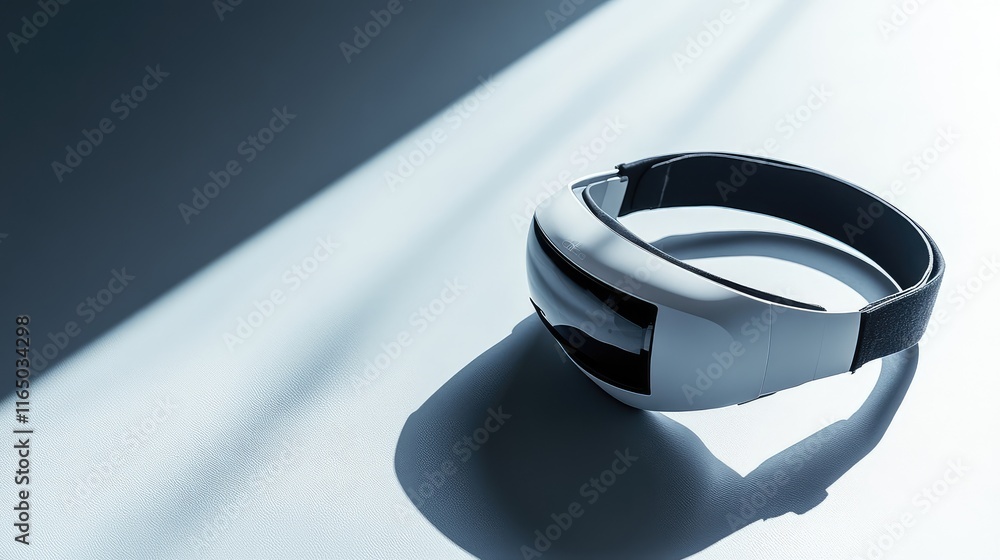 Poster a sleek vr headset placed on a soft gray surface with subtle shadows, offering a clean and professio