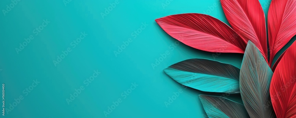 Poster noise abstract background idea. vibrant red and green leaves against a teal background for a fresh n
