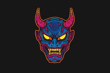 Naklejka premium Neon Oni mask illustration. Vibrant blue, pink, and yellow design on black background. Detailed ornate horns and sharp teeth.