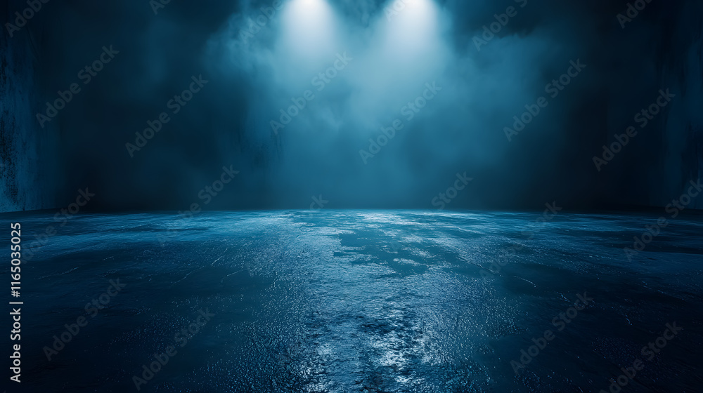 Poster an abstract image of a studio dark room with a textured concrete floor illuminated by light.