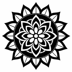 Mandala design black and white illustration symmetrical floral pattern in white background
