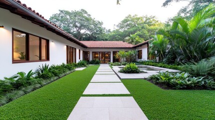 Serene garden pathway leading to a modern home.