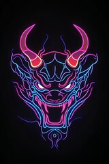 Neon Oni mask, Japanese demon head illustration with glowing pink and blue lines on black background.