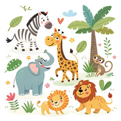 Adorable Cartoon Jungle Animals Vector Collection on White Background