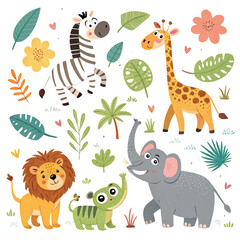 Fototapeta premium Adorable Cartoon Jungle Animals Vector Collection on White Background