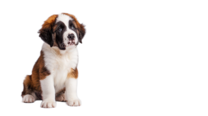 Adorable St. Bernard Puppy Sitting Cutely on White Background with Soft Fur and Expressive Face