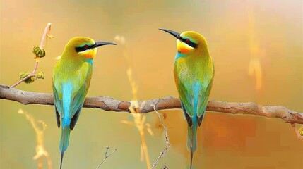 Naklejka premium Two vibrant birds perched on a branch against a softly blurred background.
