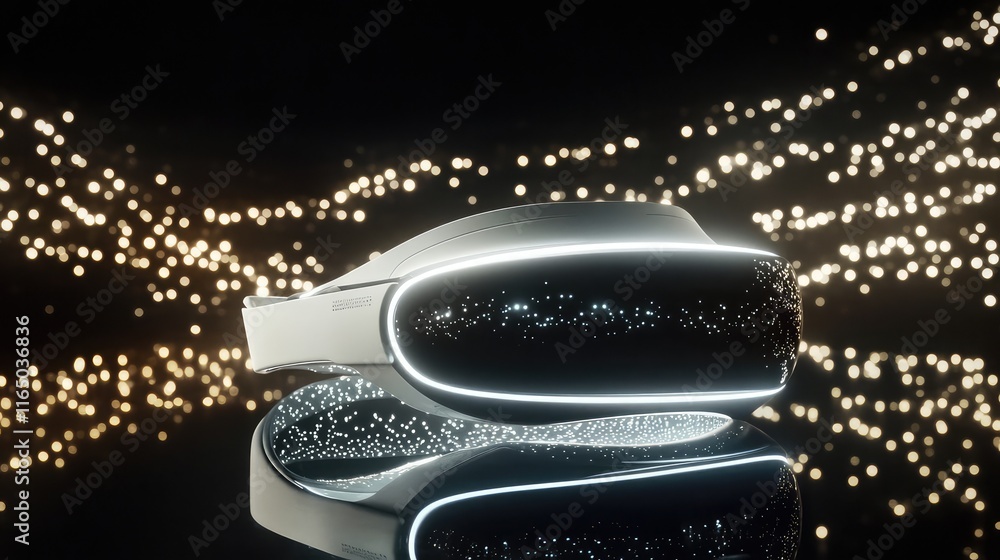 Poster a vr headset displayed on a reflective surface with dynamic, glowing streaks of light around it, cre