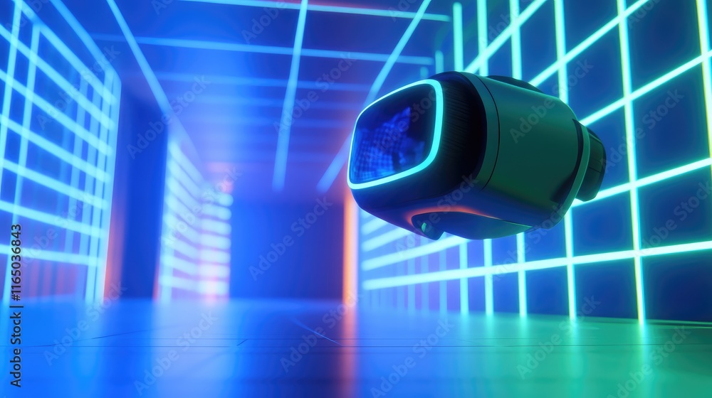 Poster a vr headset floating in a virtual grid environment with glowing blue and green lights, creating a s