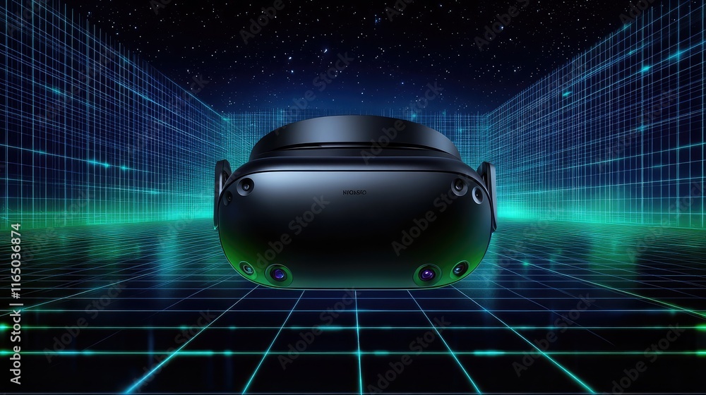 Poster a vr headset floating in a virtual grid environment with glowing blue and green lights, creating a s