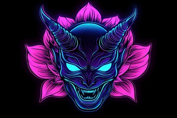Fototapeta premium Neon Oni mask with lotus flower design.