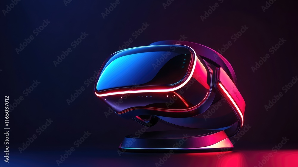 Poster a vr headset resting on a sleek metallic stand with subtle neon lights illuminating the scene. a mod